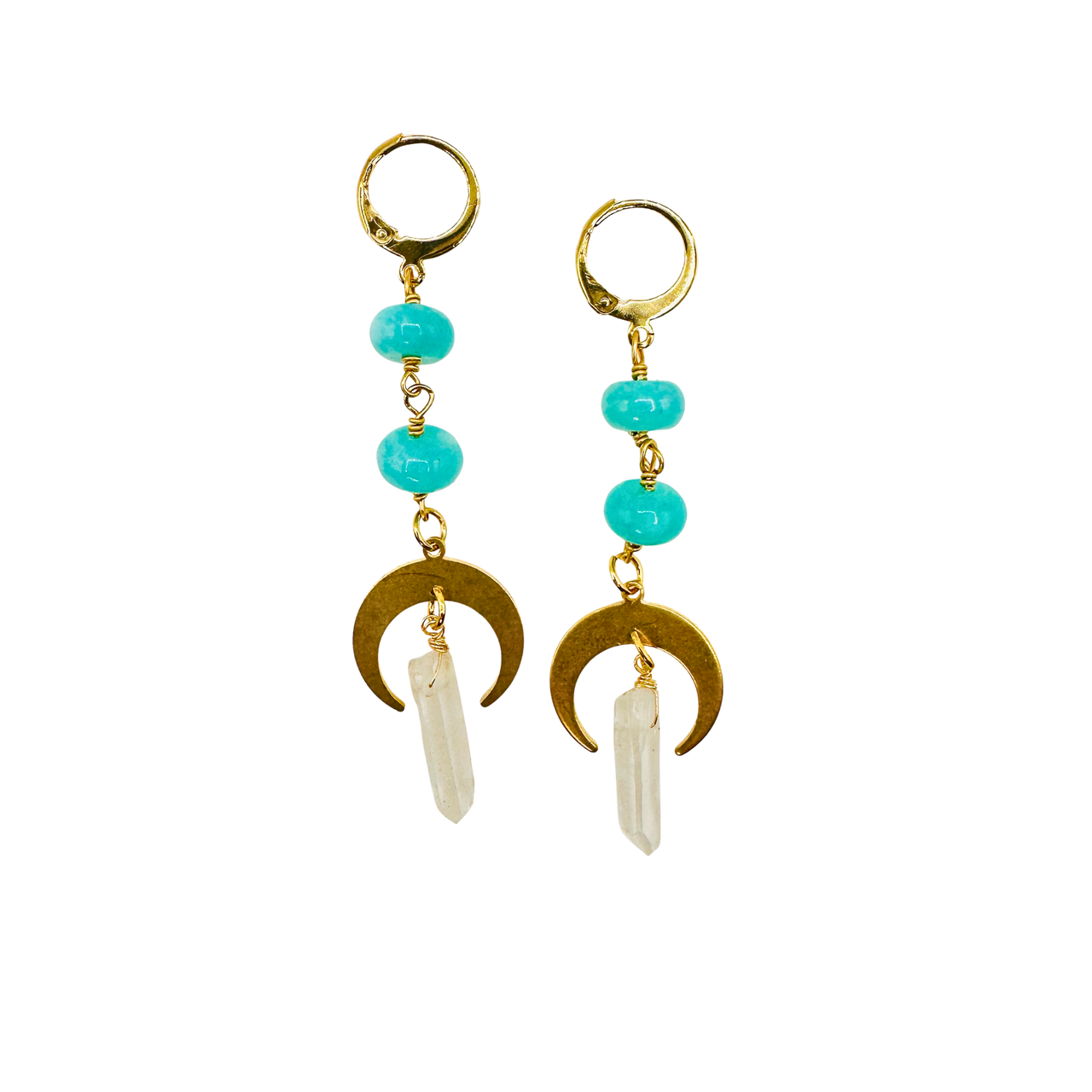 Pair of earrings with turquoise beads and gold accents on a white background