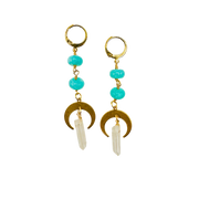Pair of earrings with turquoise beads and gold accents on a white background