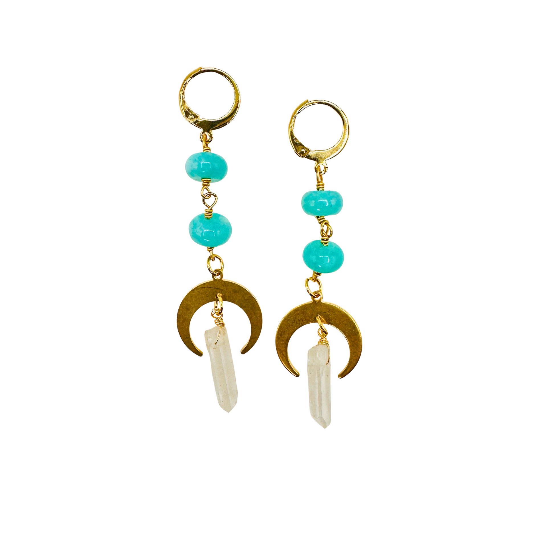 Pair of earrings with turquoise beads and gold accents on a white background
