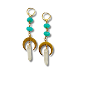 Pair of earrings with turquoise beads and gold accents on a white background