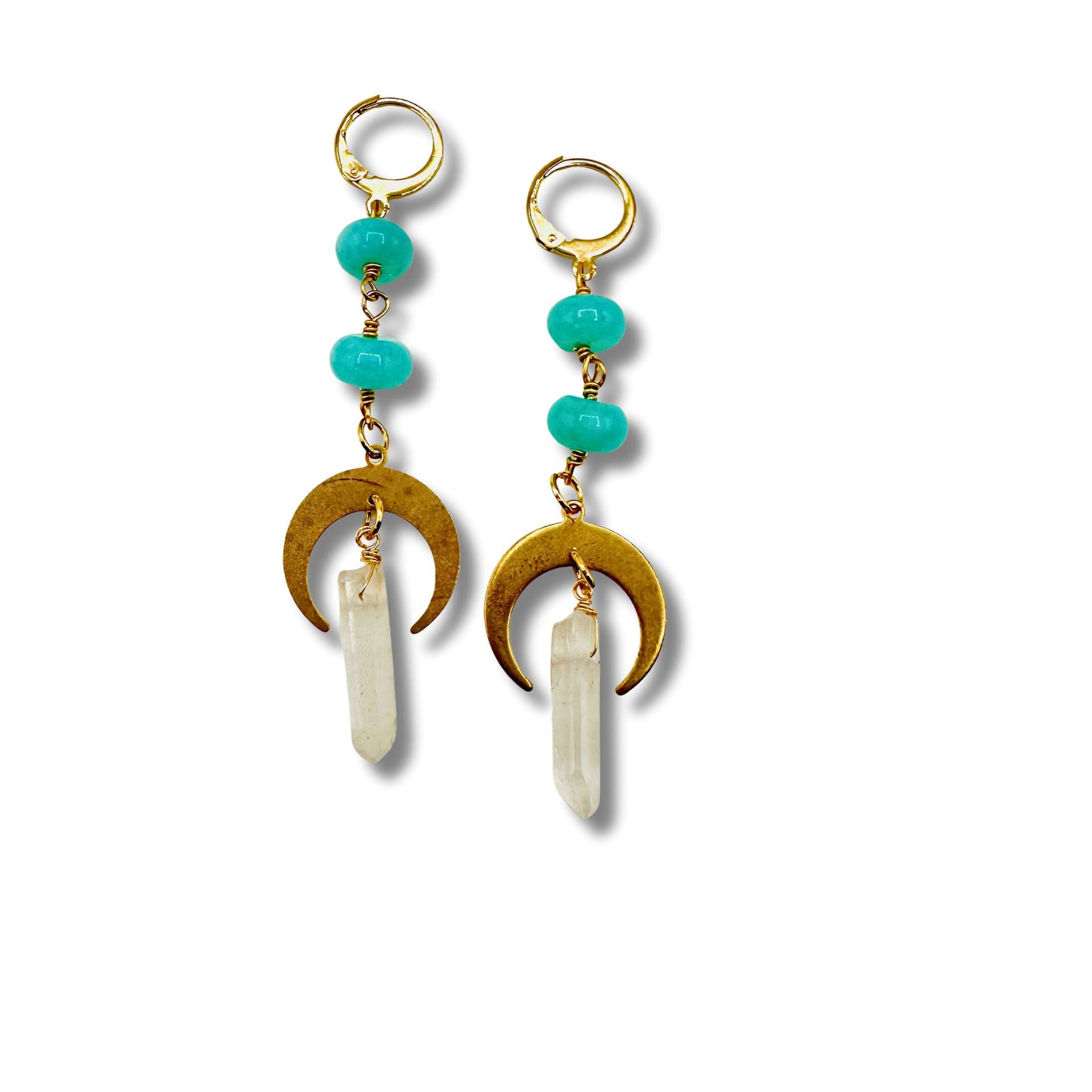 Pair of earrings with turquoise beads and gold accents on a white background