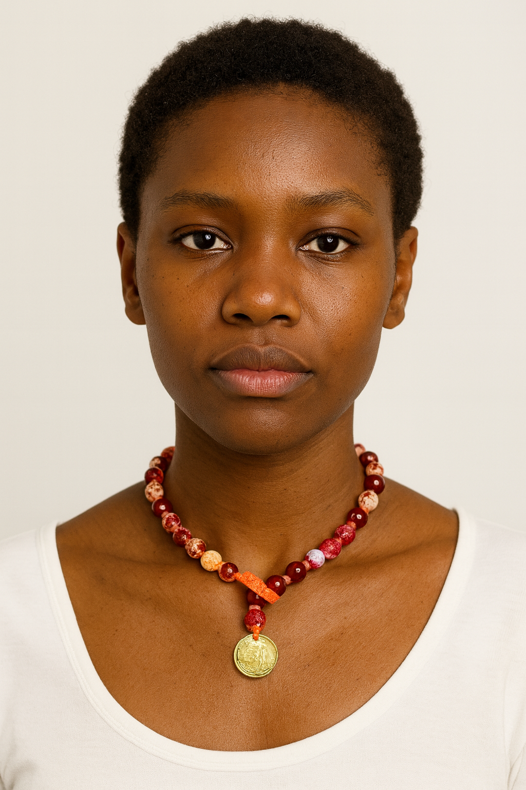 Carnelian Hand Knotted Beaded Necklace with Genuine Coin
