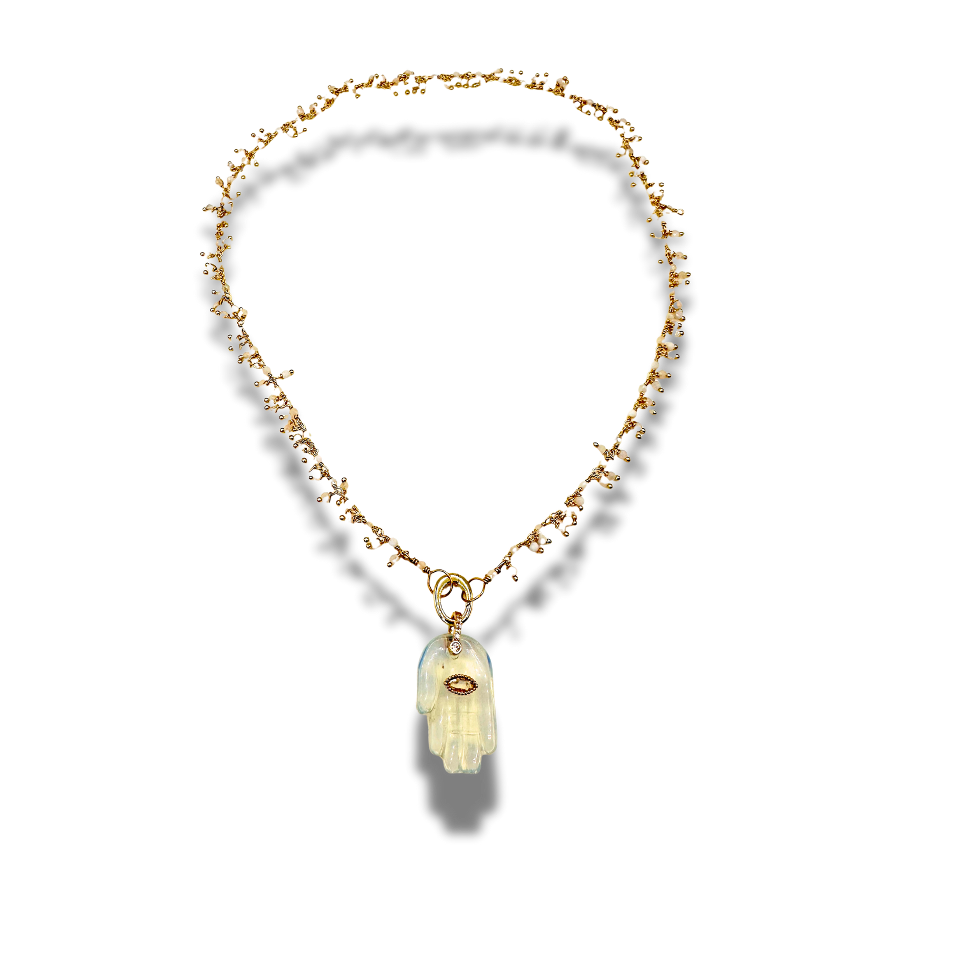 Necklace with a Hamsa hand pendant on a white background