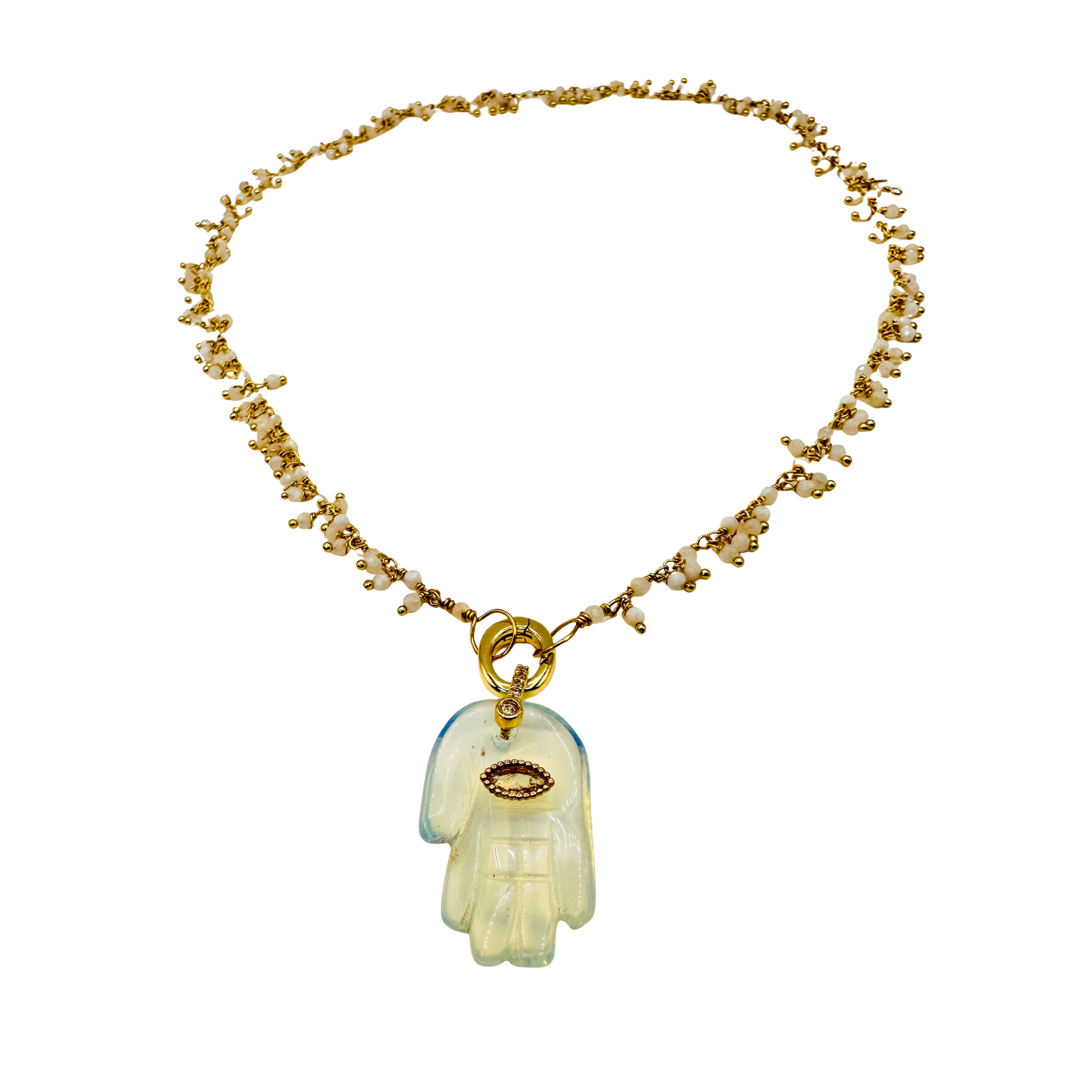 Necklace with a hamsa hand pendant on a white background