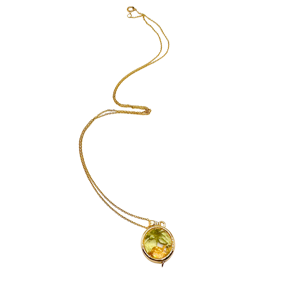 Gold necklace with a pendant on a white background