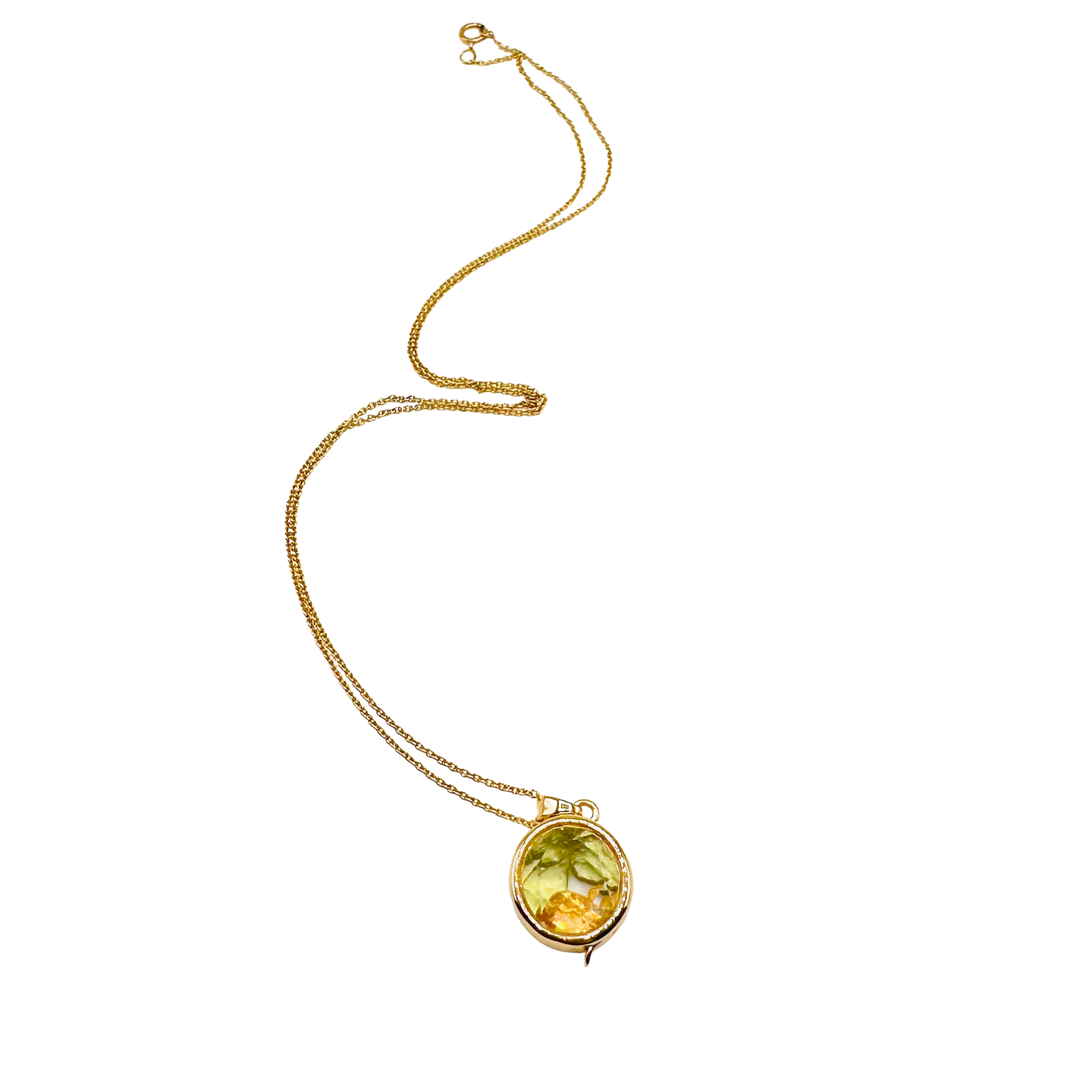 Gold necklace with a pendant on a white background