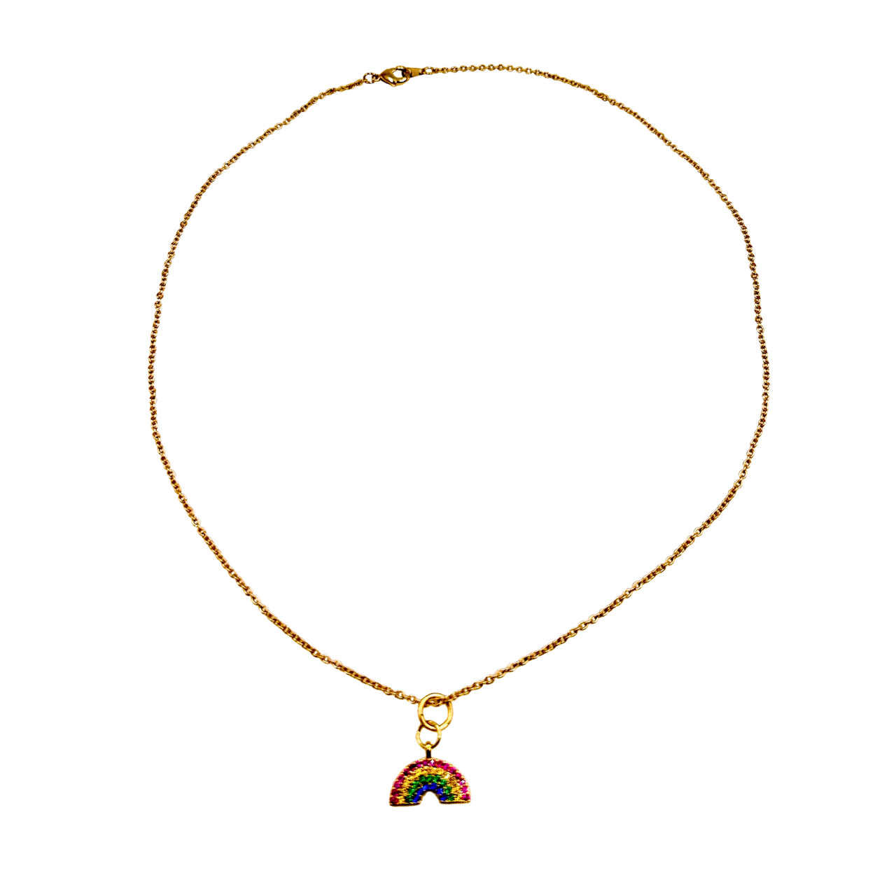 Gold necklace with a rainbow charm on a white background