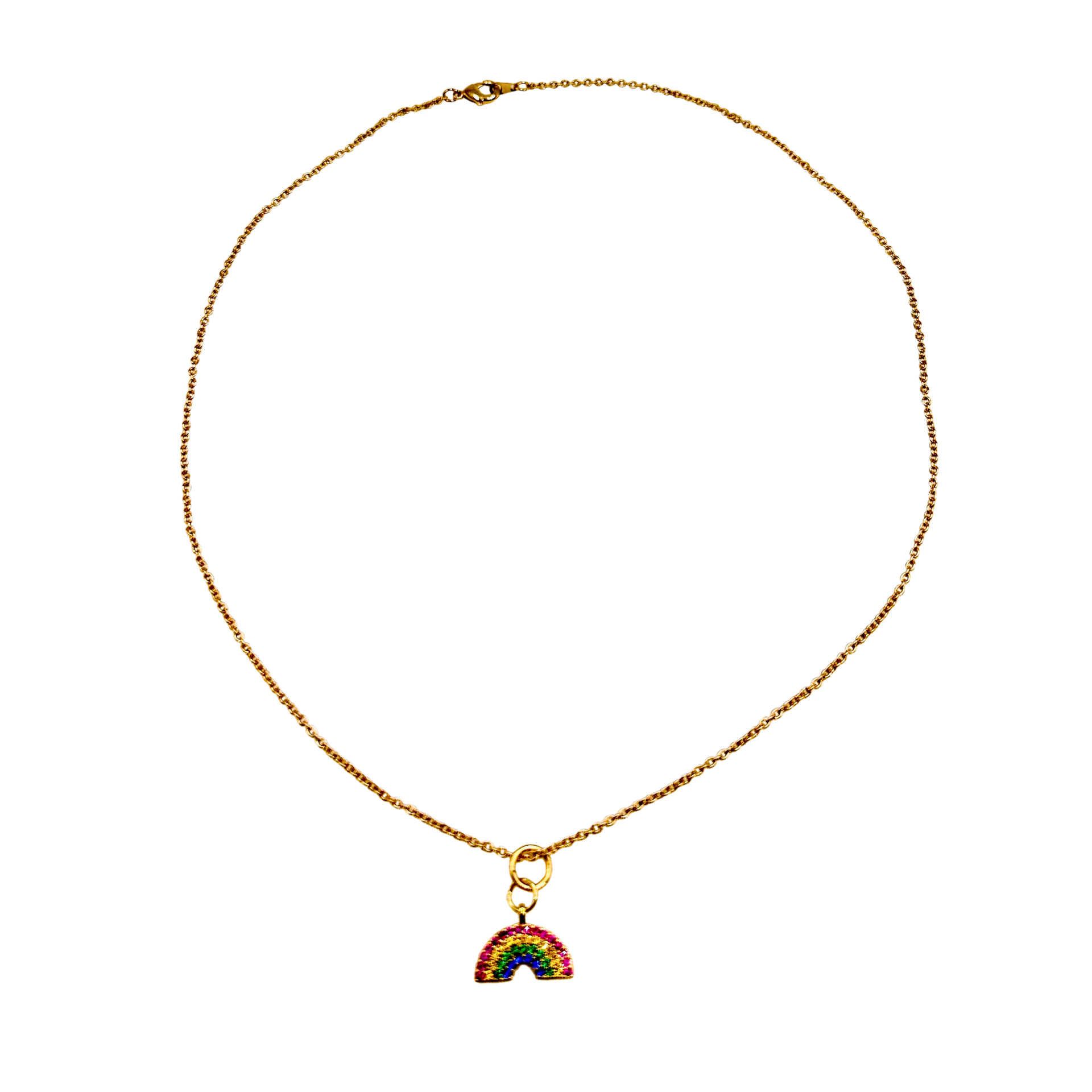 Gold necklace with a rainbow charm on a white background