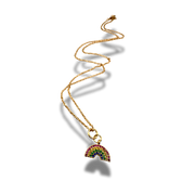Gold necklace with a colorful rainbow pendant on a white background