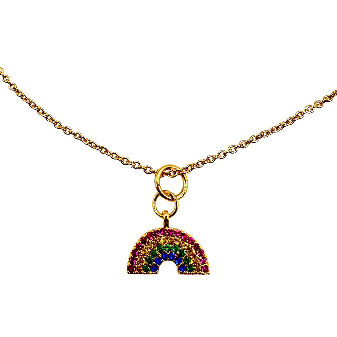 Necklace with a rainbow charm on a white background