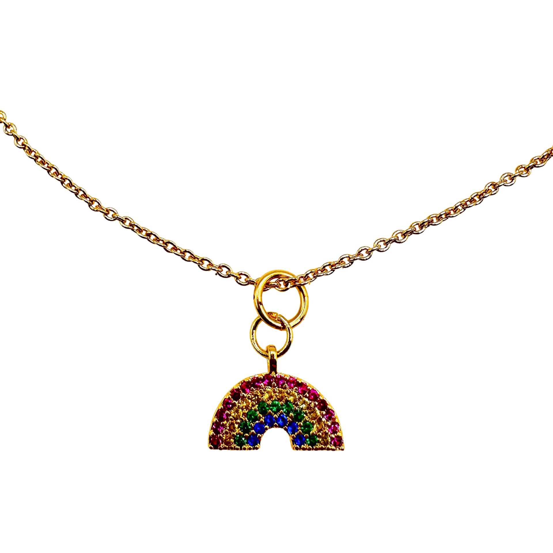 Necklace with a rainbow charm on a white background