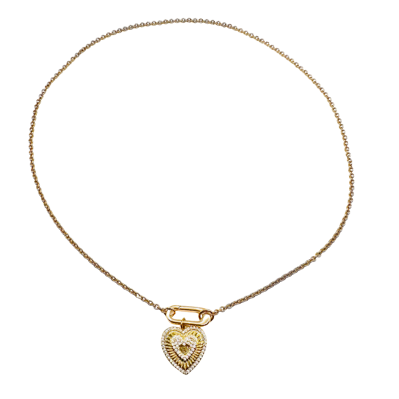 Gold necklace with a heart-shaped pendant on a white background