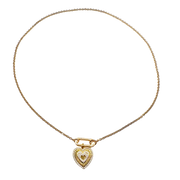Gold necklace with a heart-shaped pendant on a white background