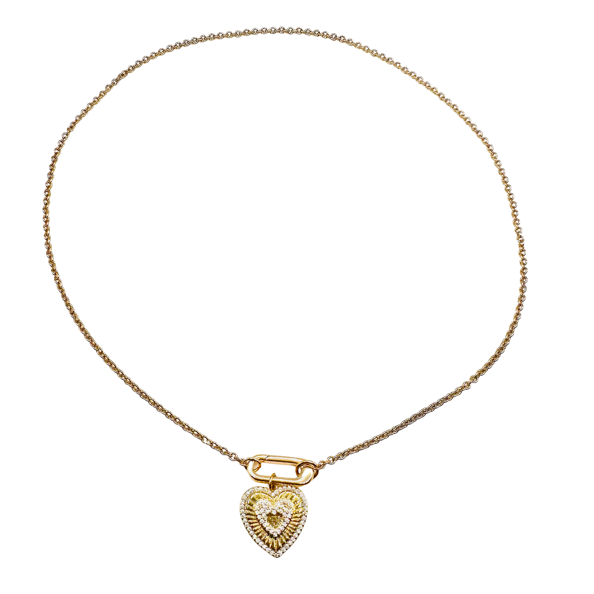 Gold necklace with a heart-shaped pendant on a white background