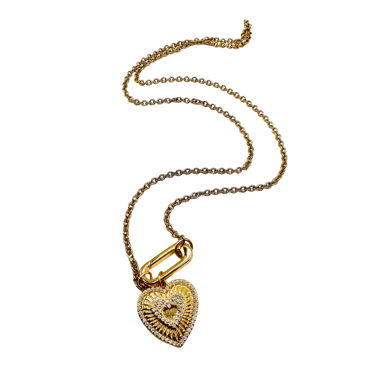Gold heart-shaped pendant necklace on a white background