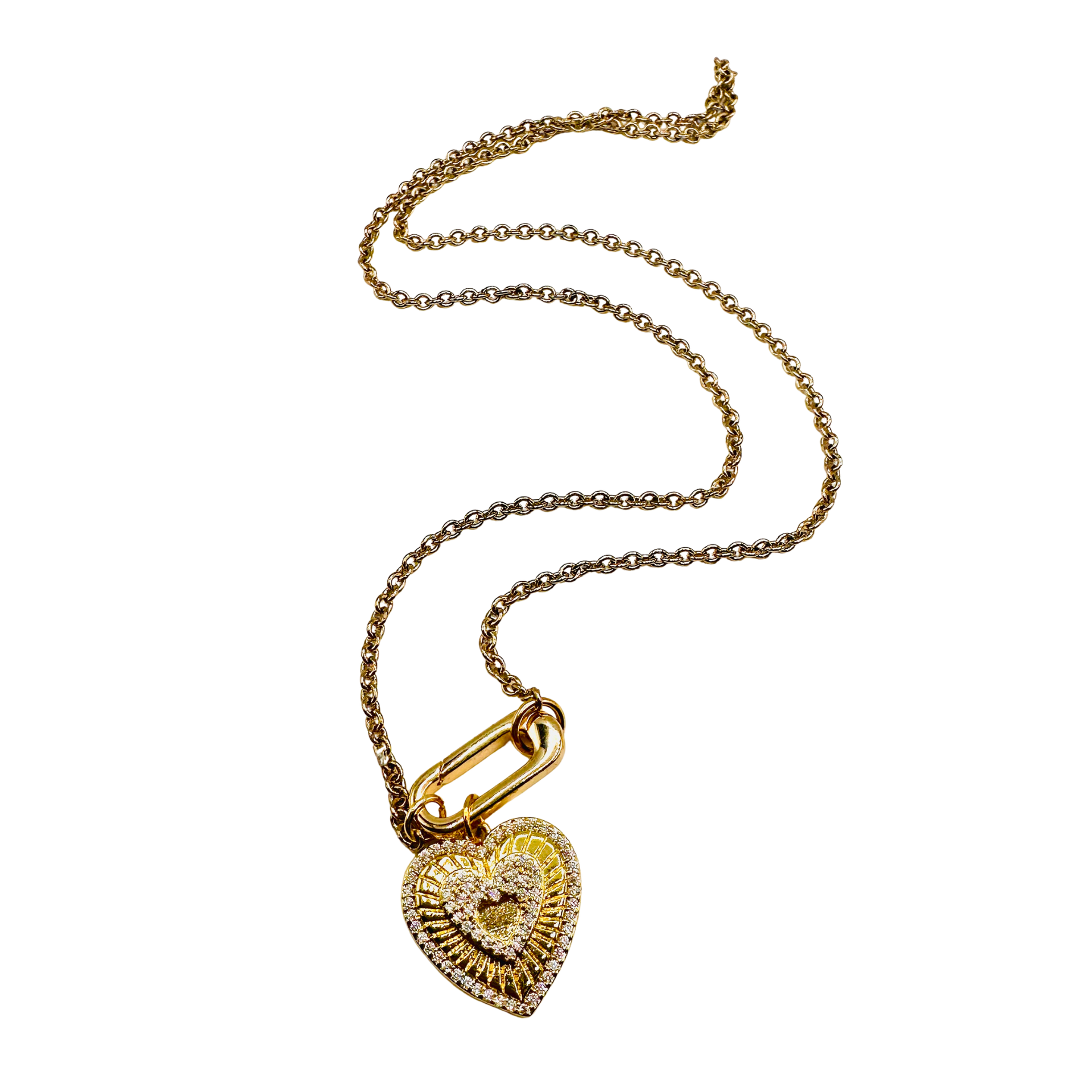 Gold heart-shaped pendant necklace on a white background