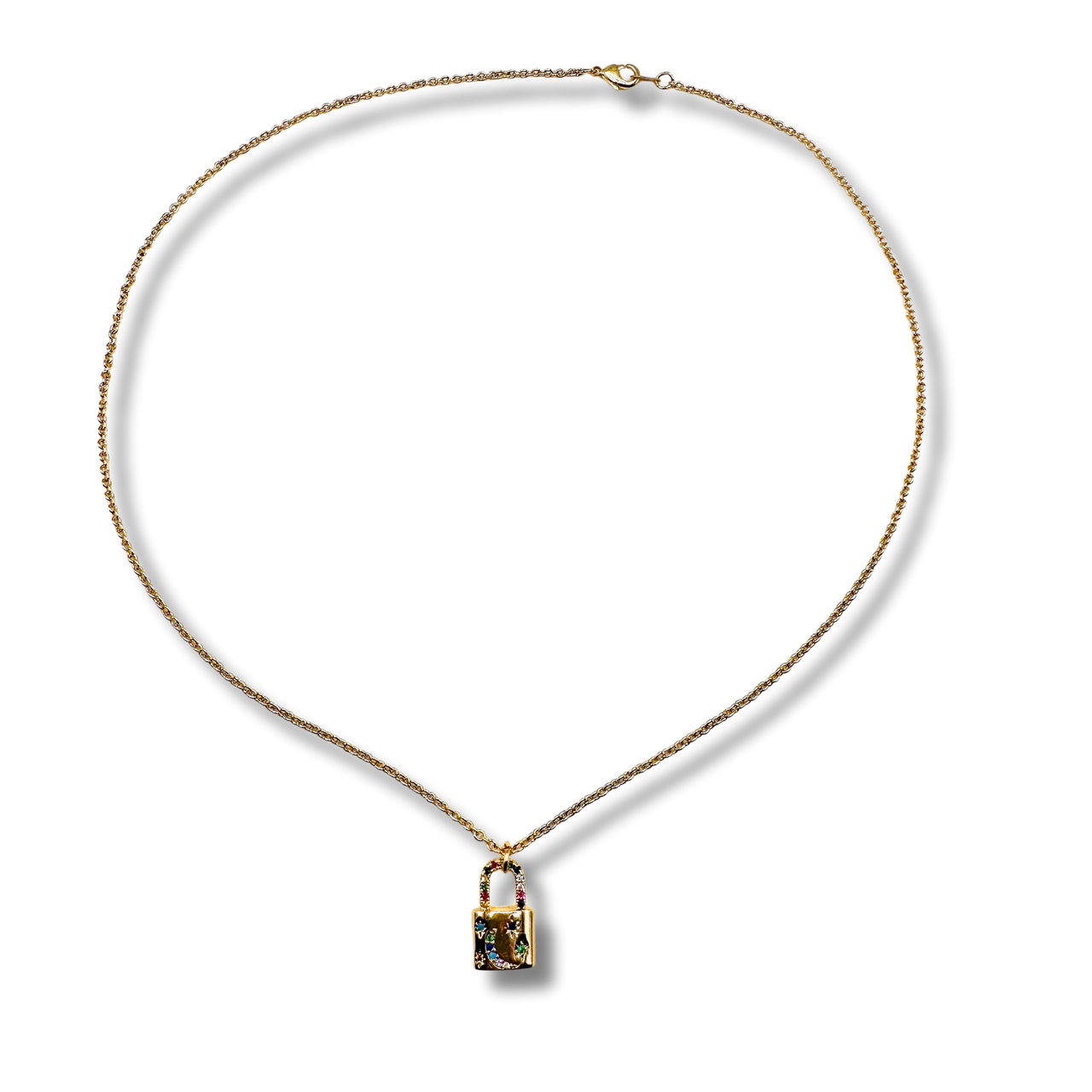 Gold necklace with a pendant on a white background