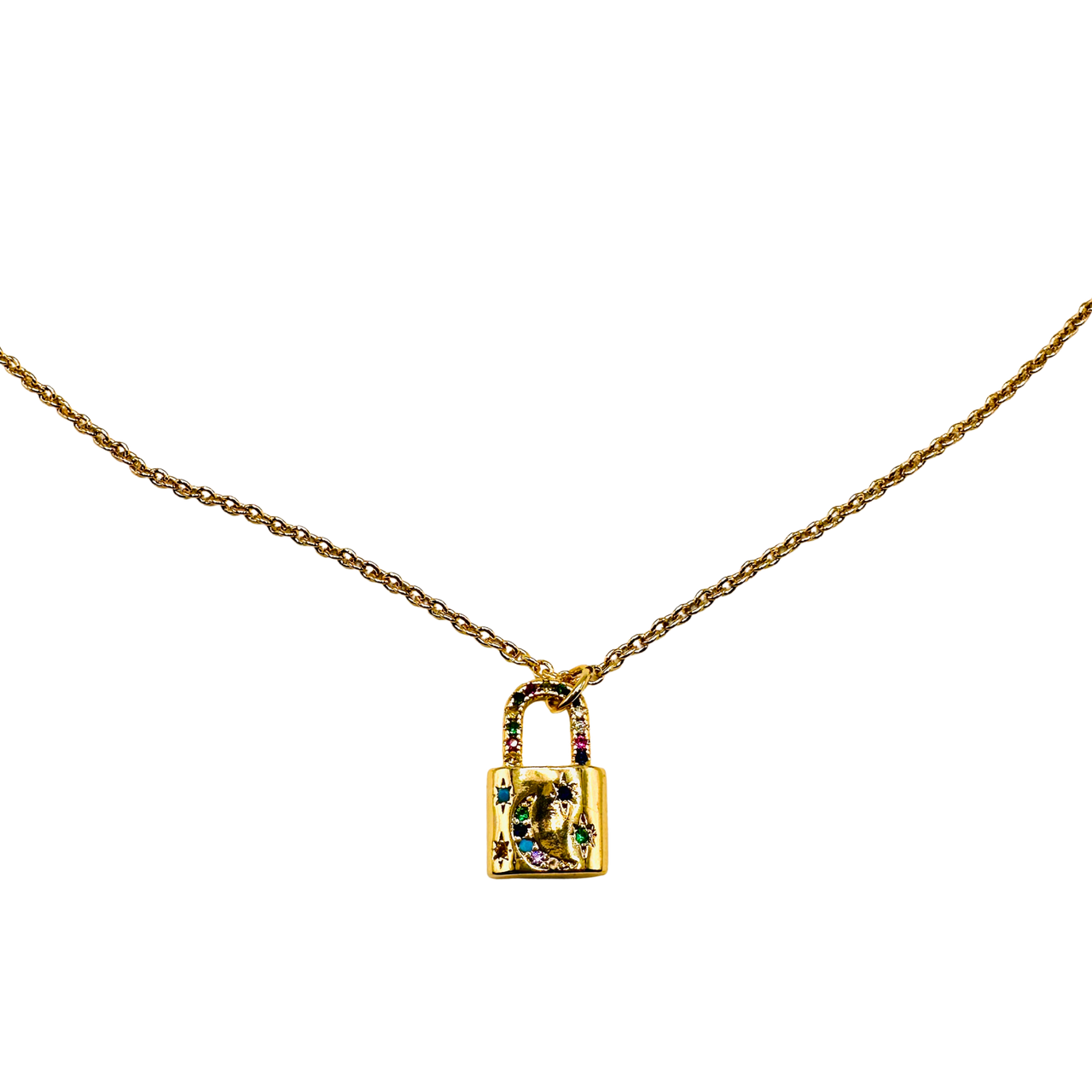 Gold lock-shaped pendant necklace with colorful stones on a white background