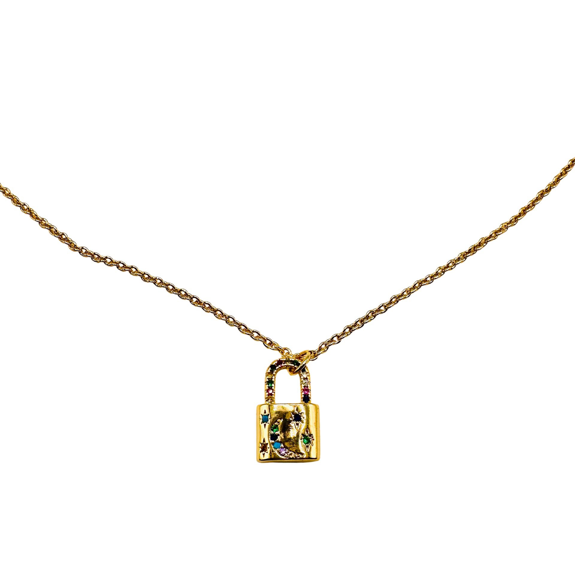 Gold lock-shaped pendant necklace with colorful stones on a white background