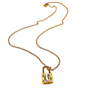 Gold necklace with a lock-shaped pendant on a white background