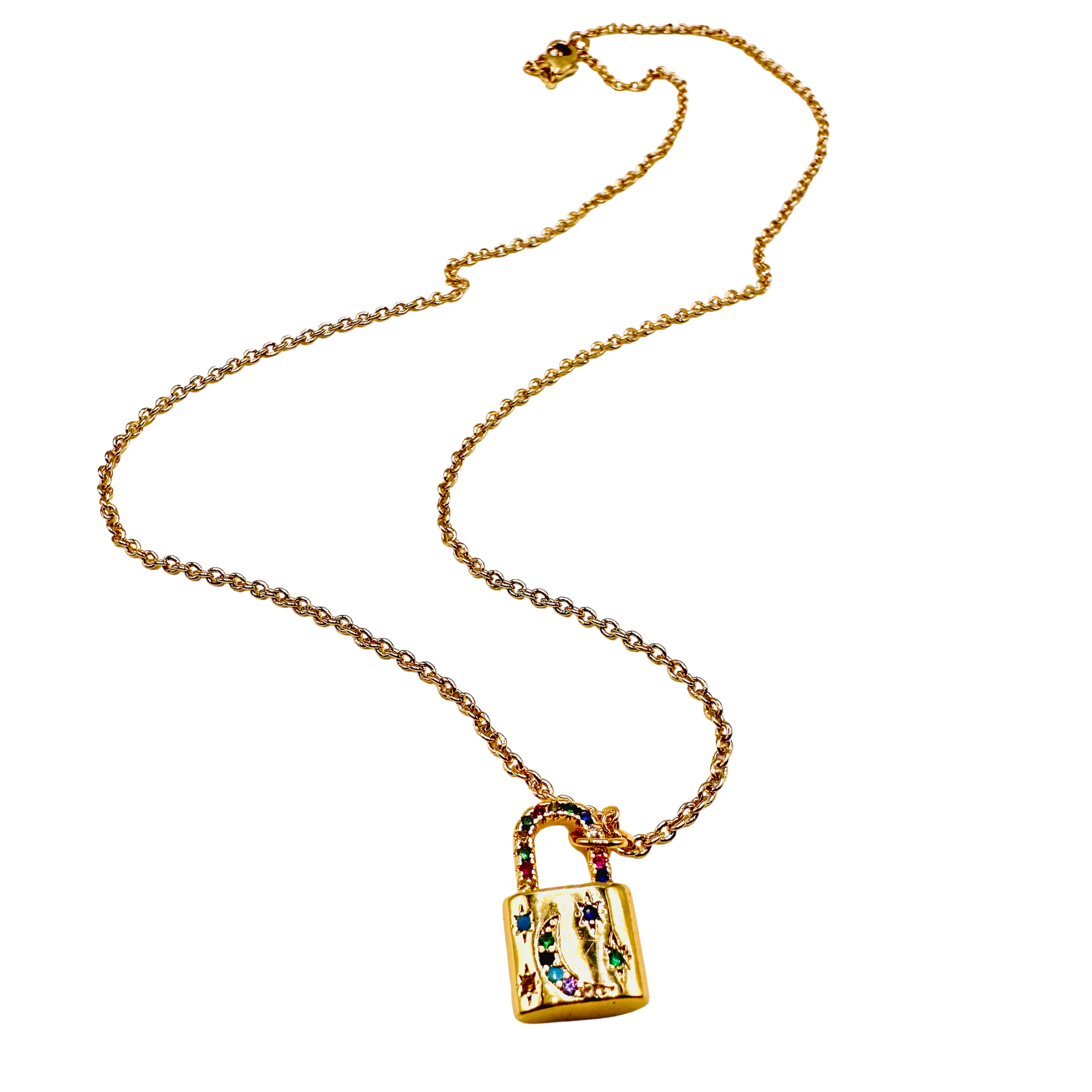 Gold necklace with a lock-shaped pendant on a white background