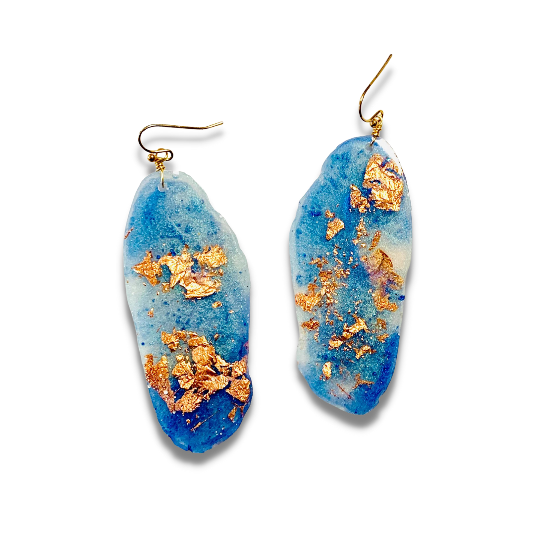 Freeform Periwinkle Blue and Copper Leaf Resin Earrings