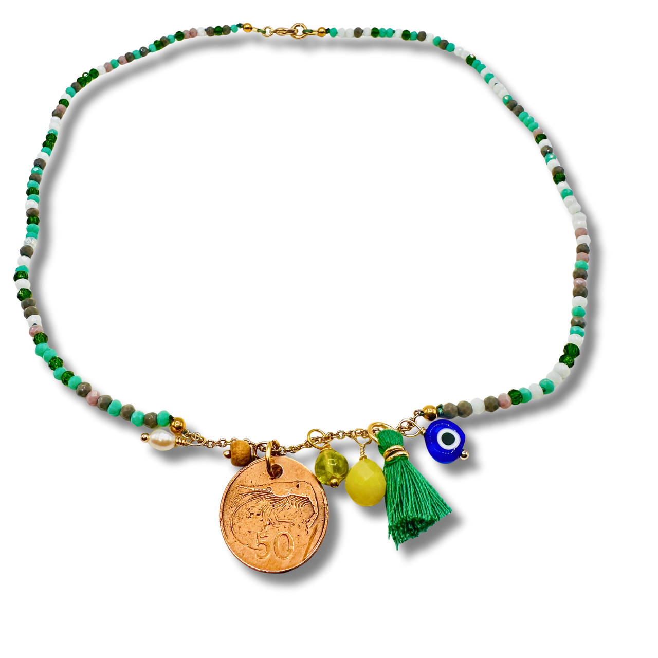 GREEN ENVY Hand Knotted Green Glass Bead Necklace with Coin and Peridot