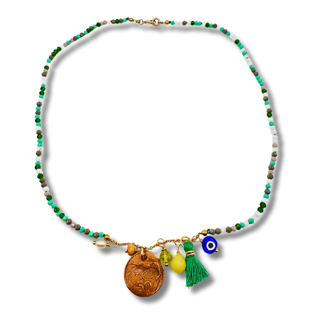 GREEN ENVY Hand Knotted Green Glass Bead Necklace with Coin and Peridot