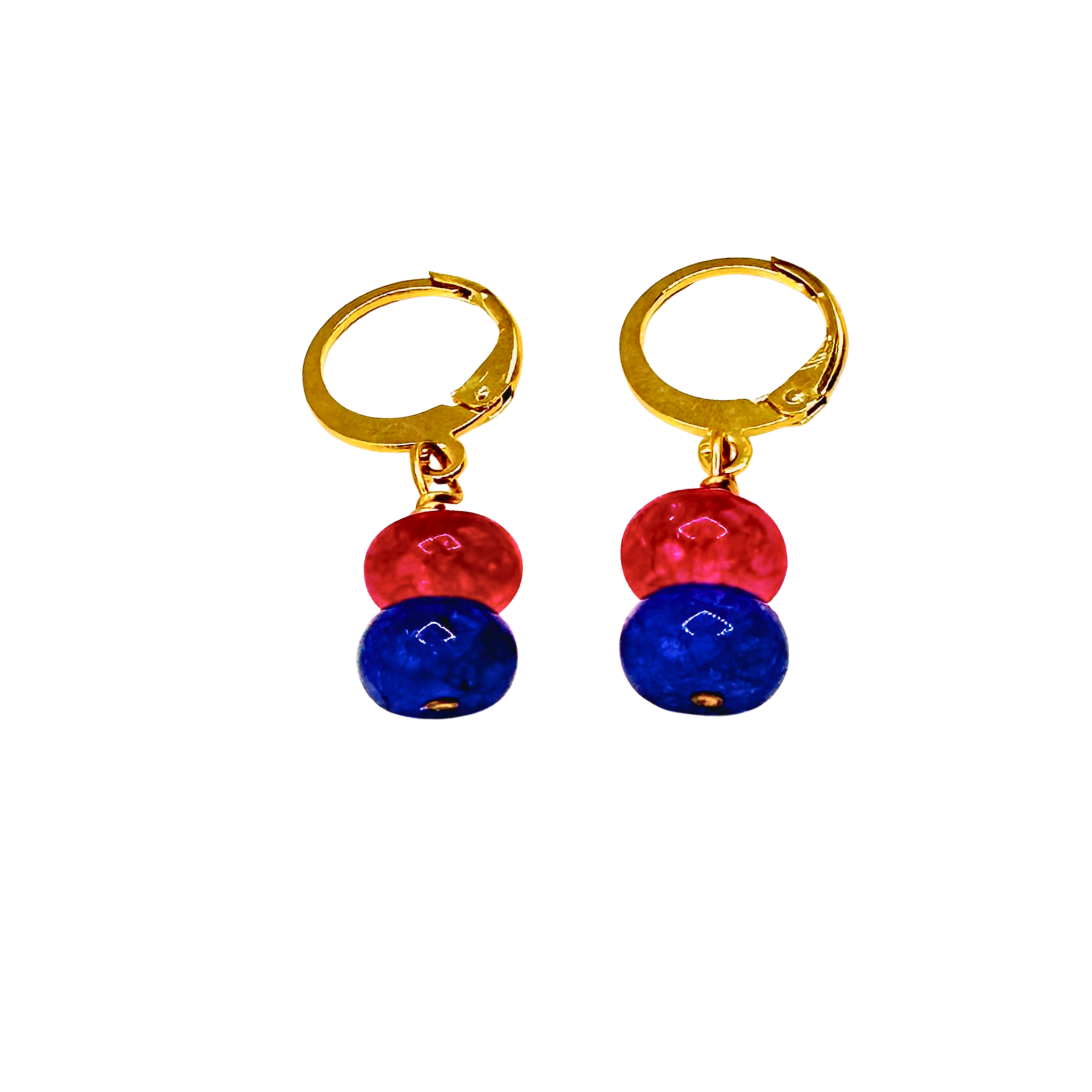 Pair of gold hoop earrings with red and blue beads on a white background