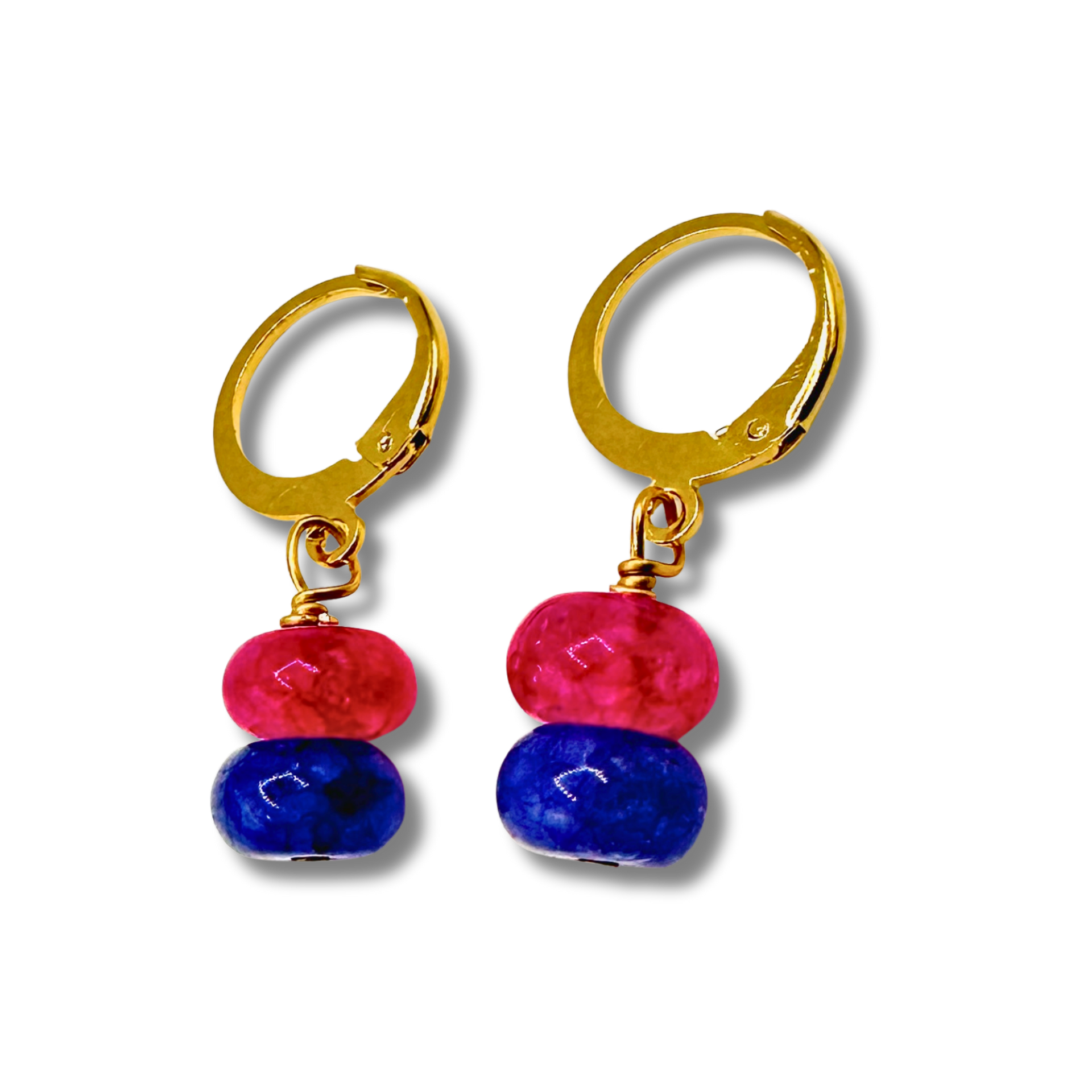 Pair of gold hoop earrings with pink and blue beads on a white background
