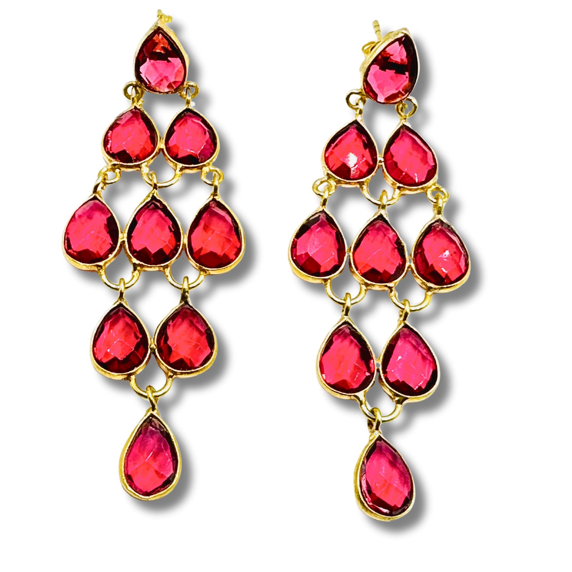 A pair of gold-plated brass bezel set cascading earrings adorned with red quartz stones.