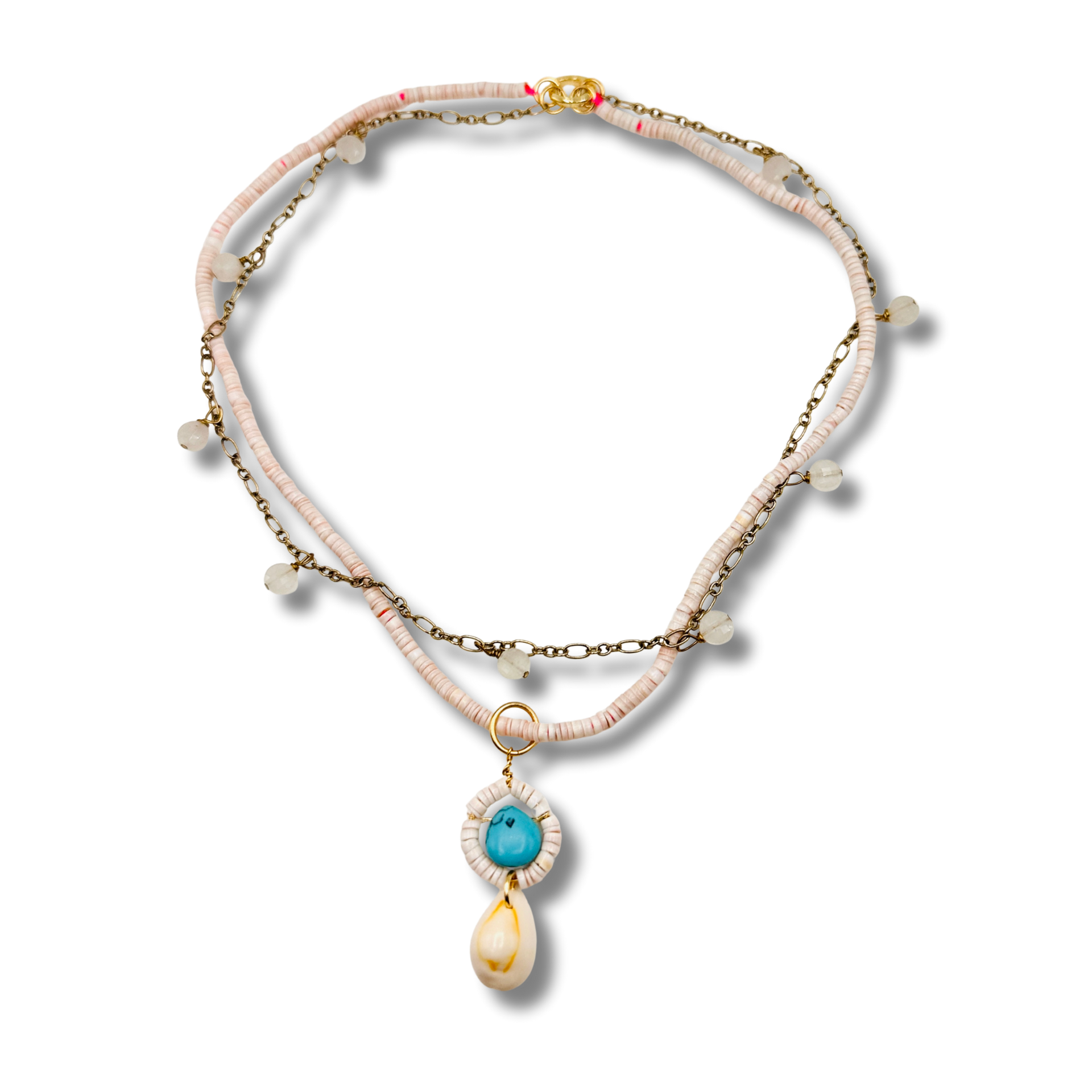 Necklace with beads and a pendant on a white background