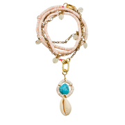 Multistrand bracelet with shell and turquoise bead charm on a white background