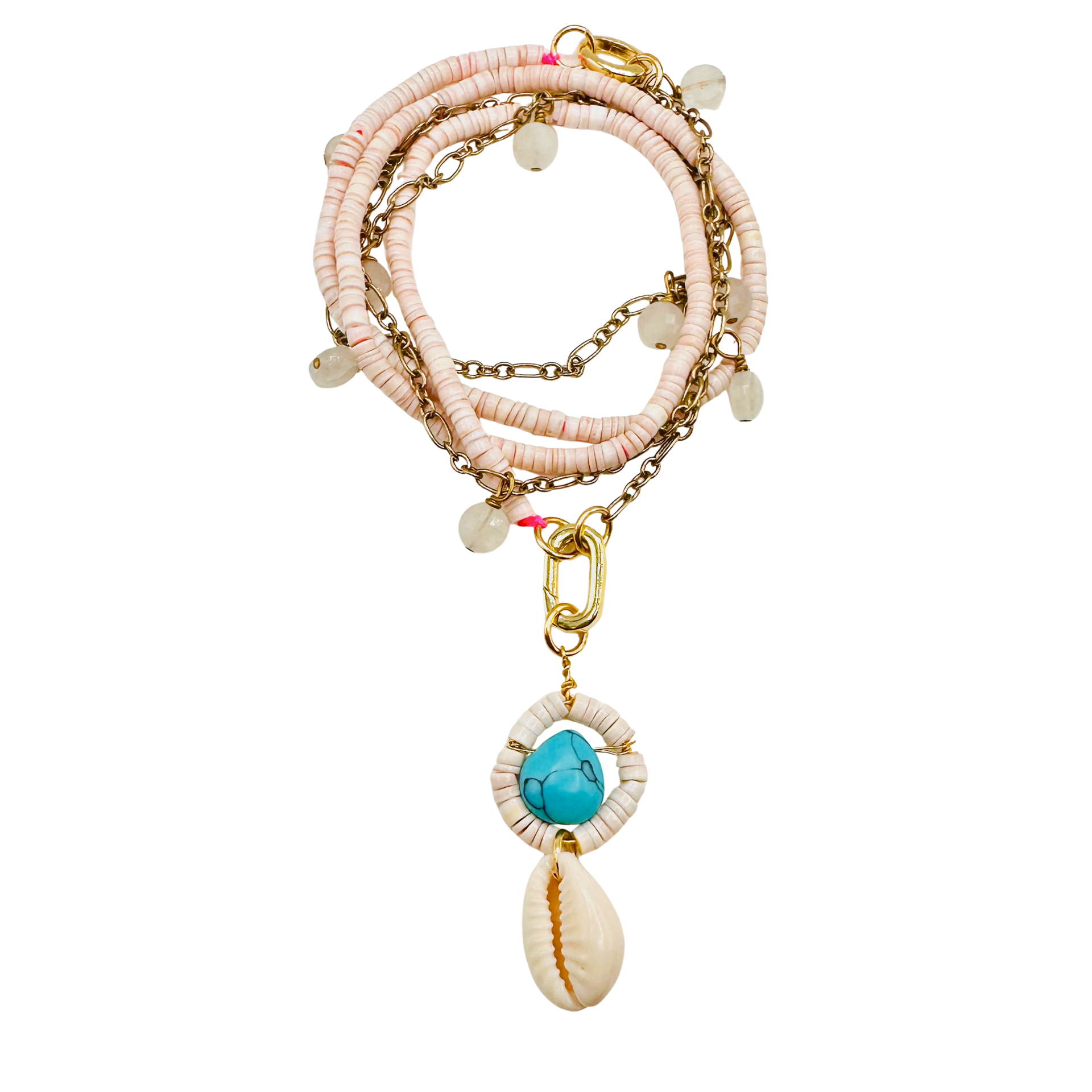 Multistrand bracelet with shell and turquoise bead charm on a white background