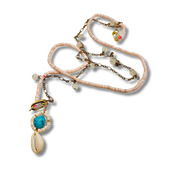 Necklace with shell and turquoise stone pendant on a white background