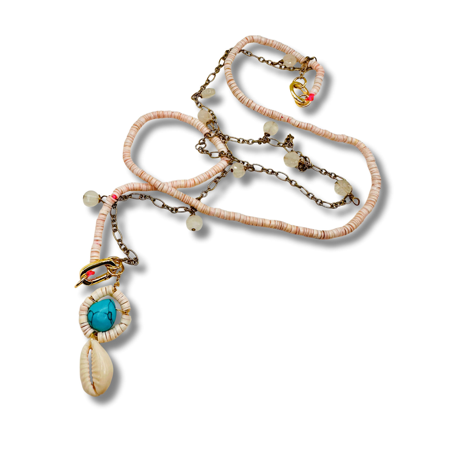 Necklace with shell and turquoise stone pendant on a white background