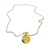 Gold necklace with a round pendant on a white background