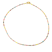 Multicolored beaded necklace on a white background