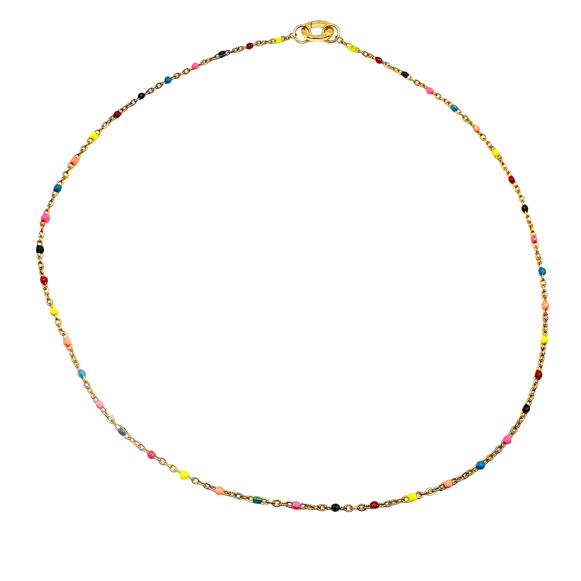 Multicolored beaded necklace on a white background