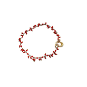 Red beaded bracelet with gold clasp on a white background