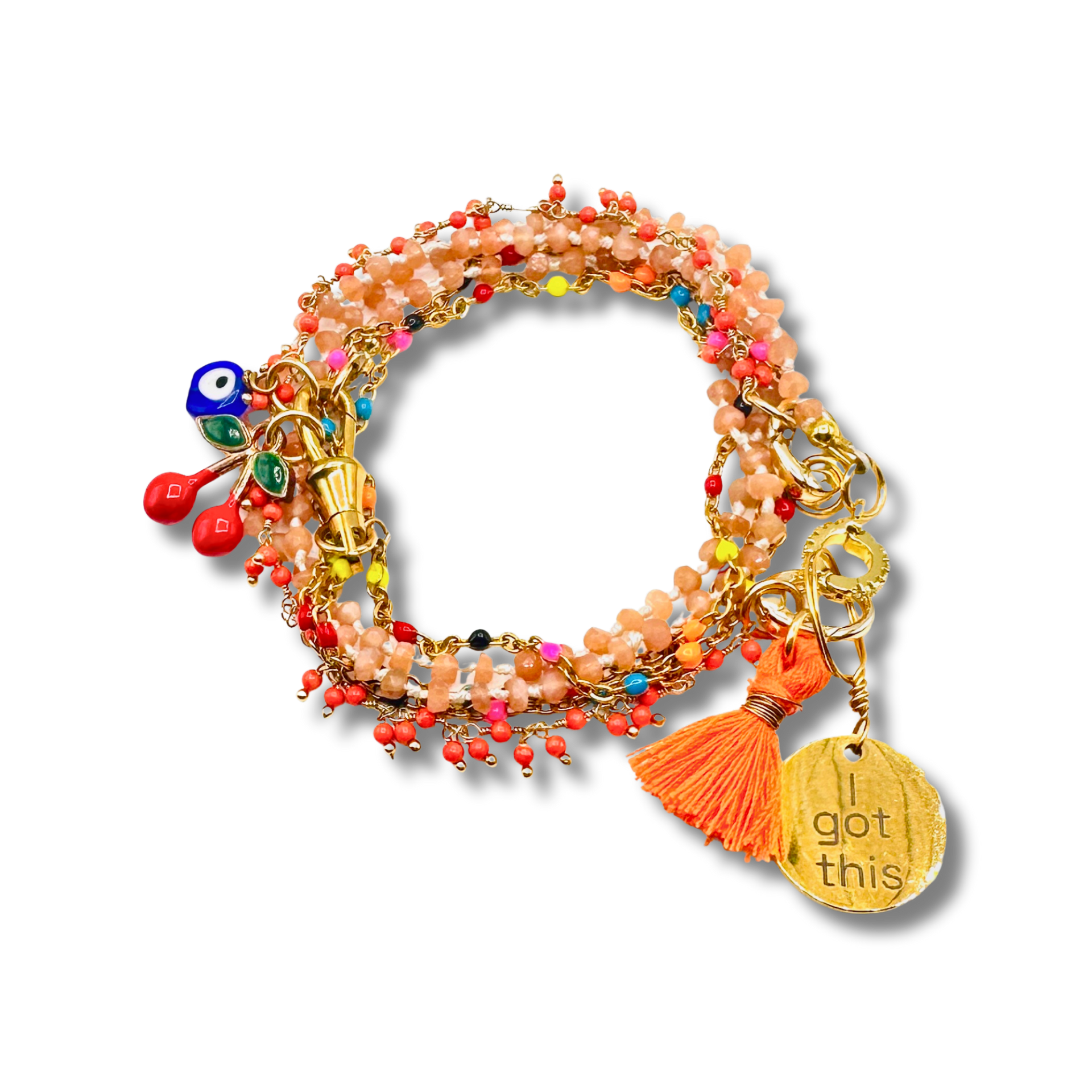 Colorful beaded bracelet with charms on a white background