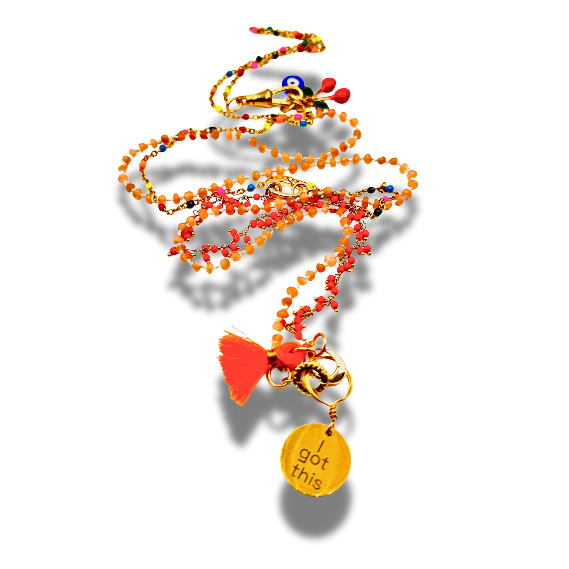 Colorful beaded necklace with heart and 'I got this' charm on a white background