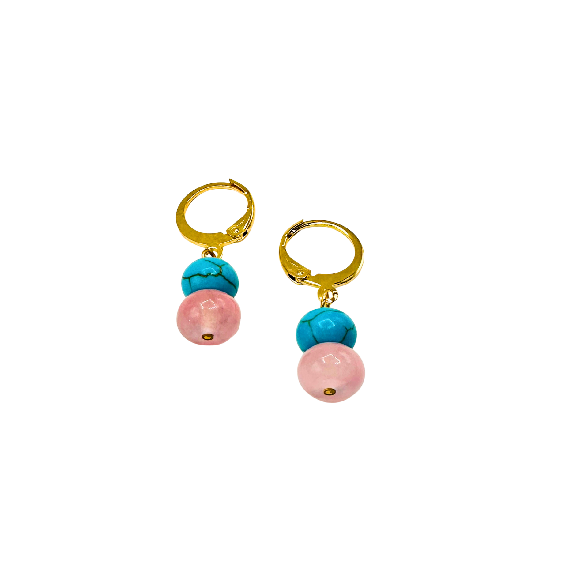 Pair of gold hoop earrings with pink and blue beads on a white background