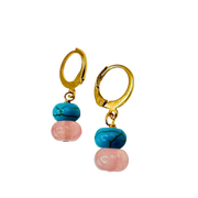 Gold hoop earrings with turquoise and pink bead charms on a white background