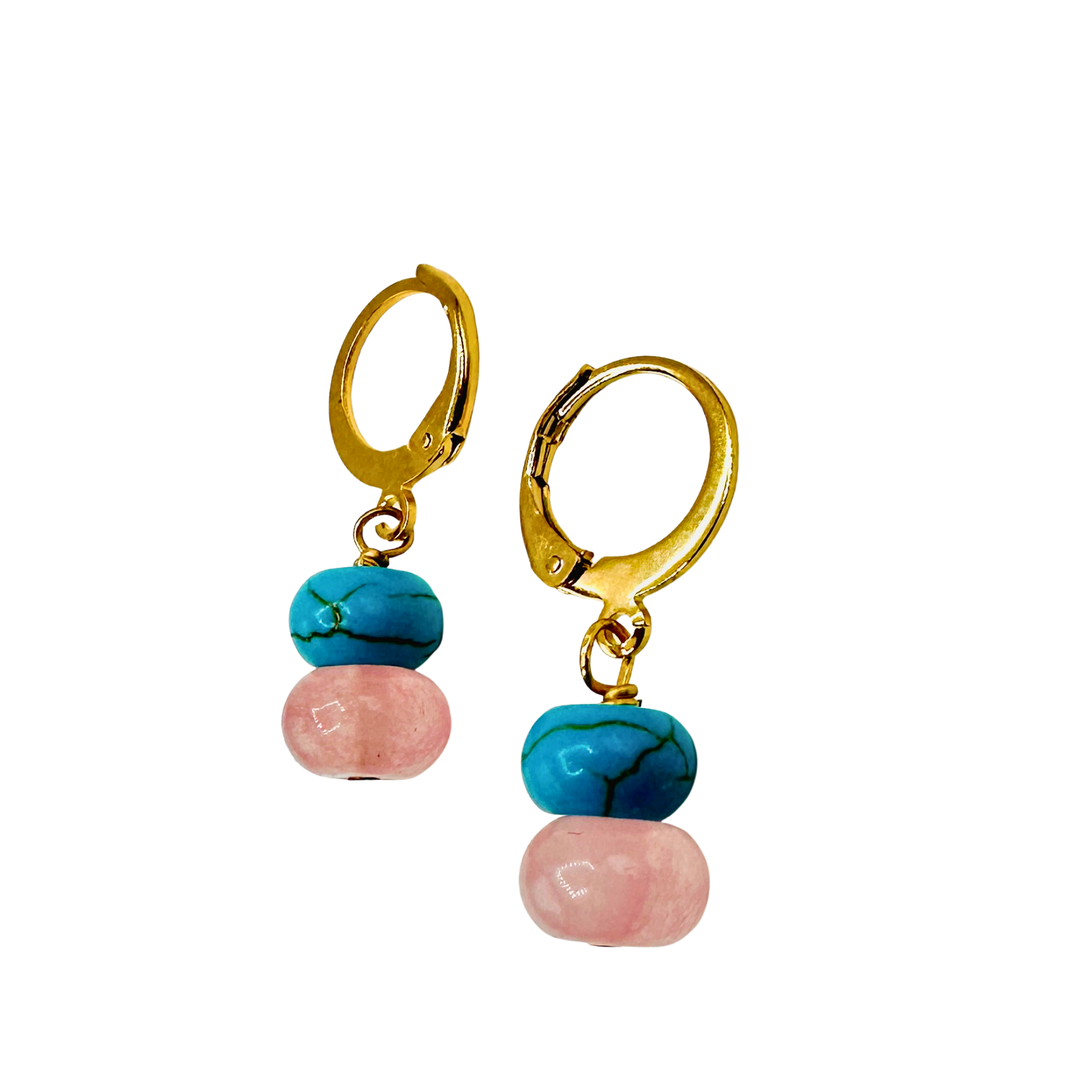 Gold hoop earrings with turquoise and pink bead charms on a white background