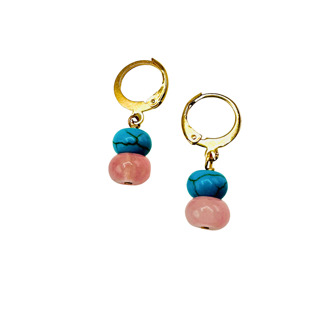 Pair of gold hoop earrings with turquoise and pink beads on a white background