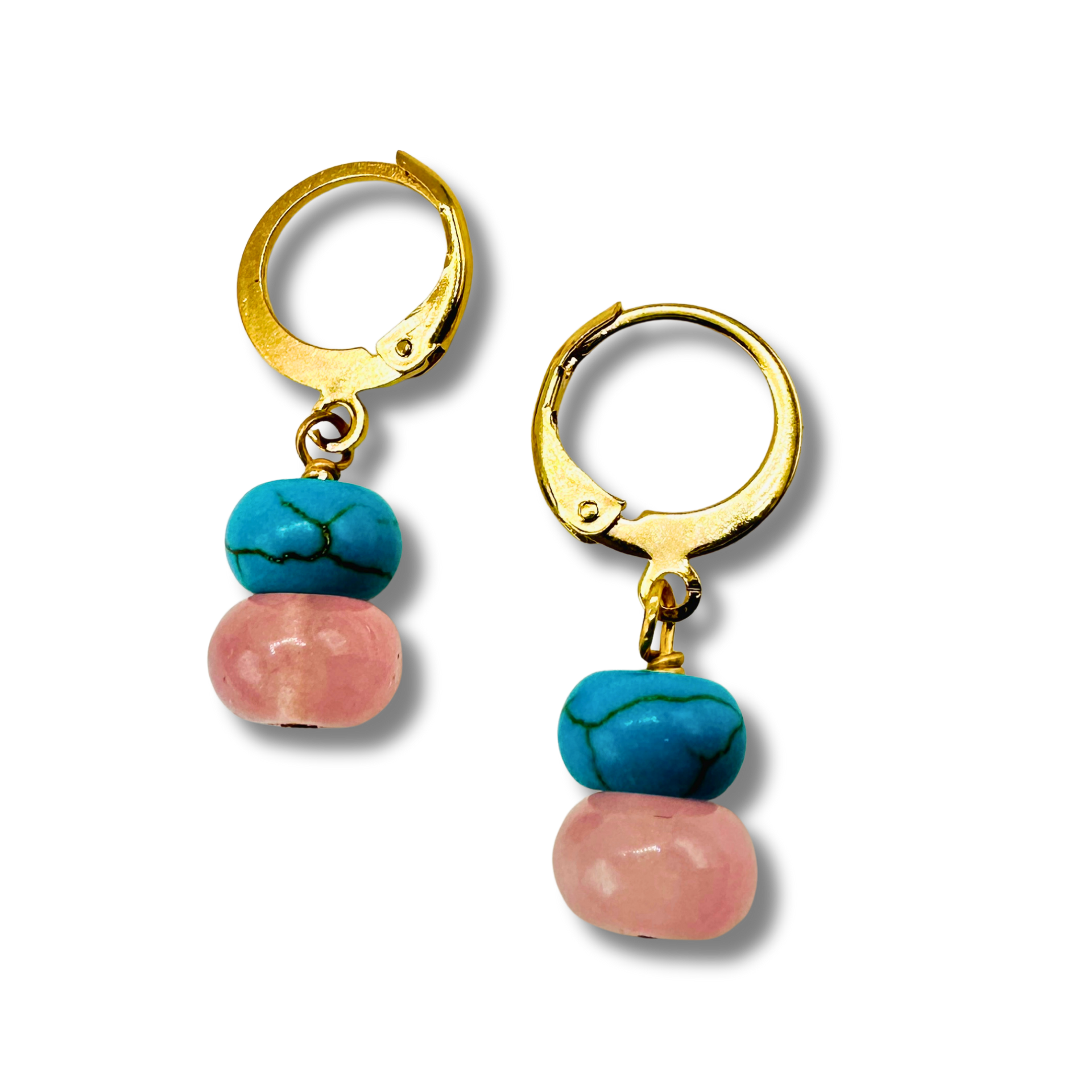 Gold hoop earrings with turquoise and pink beads on a white background