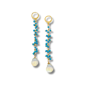 Pair of earrings with turquoise beads and gold accents on a white background