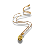 Gold necklace with a round pendant on a white background