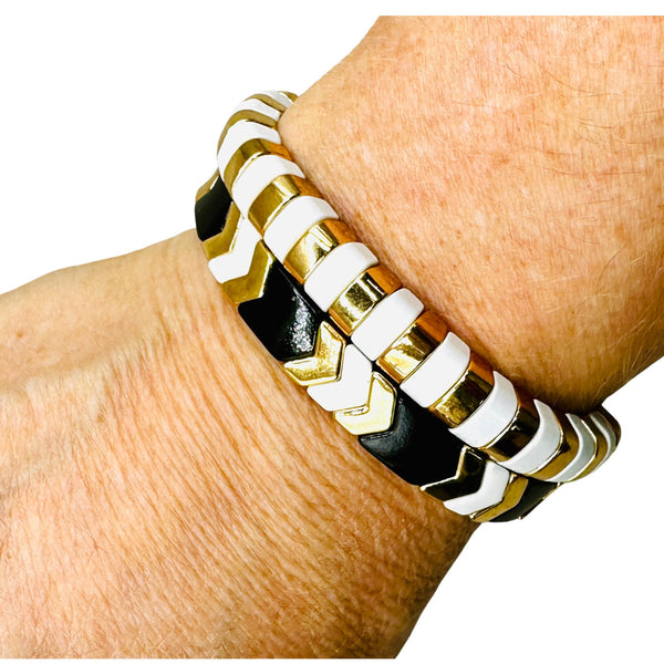 White and Gold Enamel Bead Stretch Bracelet